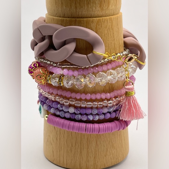 Flirty Boho Purple Bracelets Set of Nine - Trendy Fun Stacked Bracelets Set - Picture 5 of 11